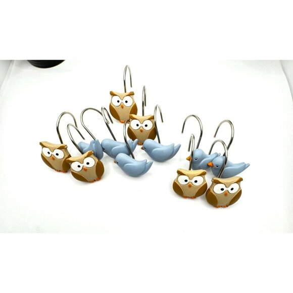 Set Of 12 Owl & Bird Shower Curtain Hooks Bathroom Decor - Picture 3 of 11